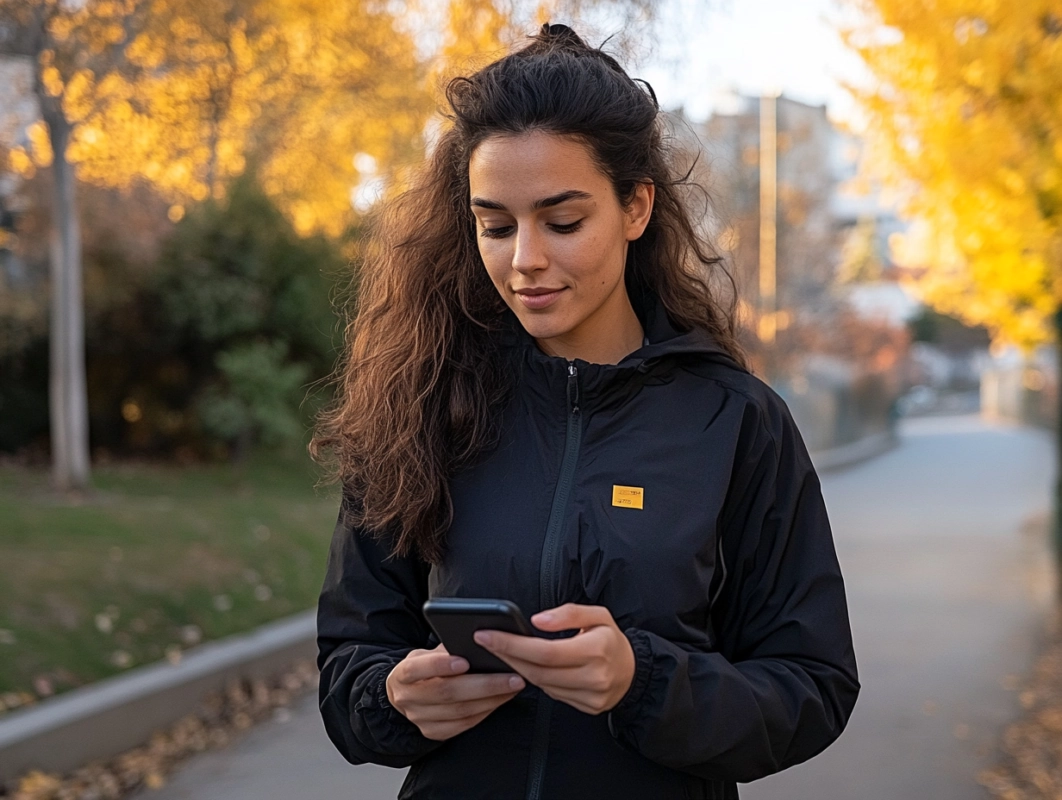 mujer mirand su telefono con app running