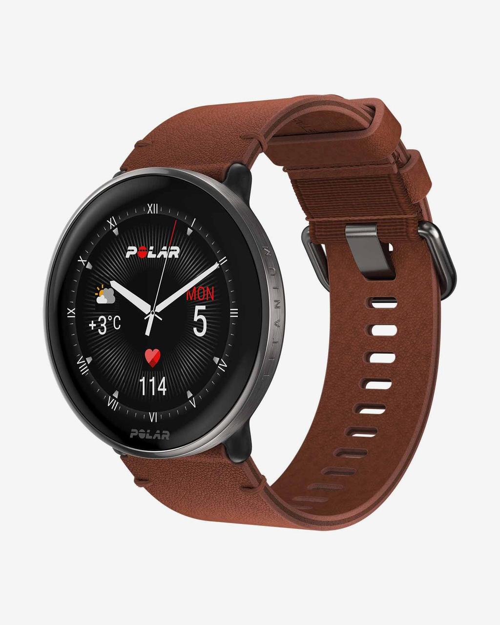 Pulsómetro Polar Ignite 3 Titanium correa cuero bronce